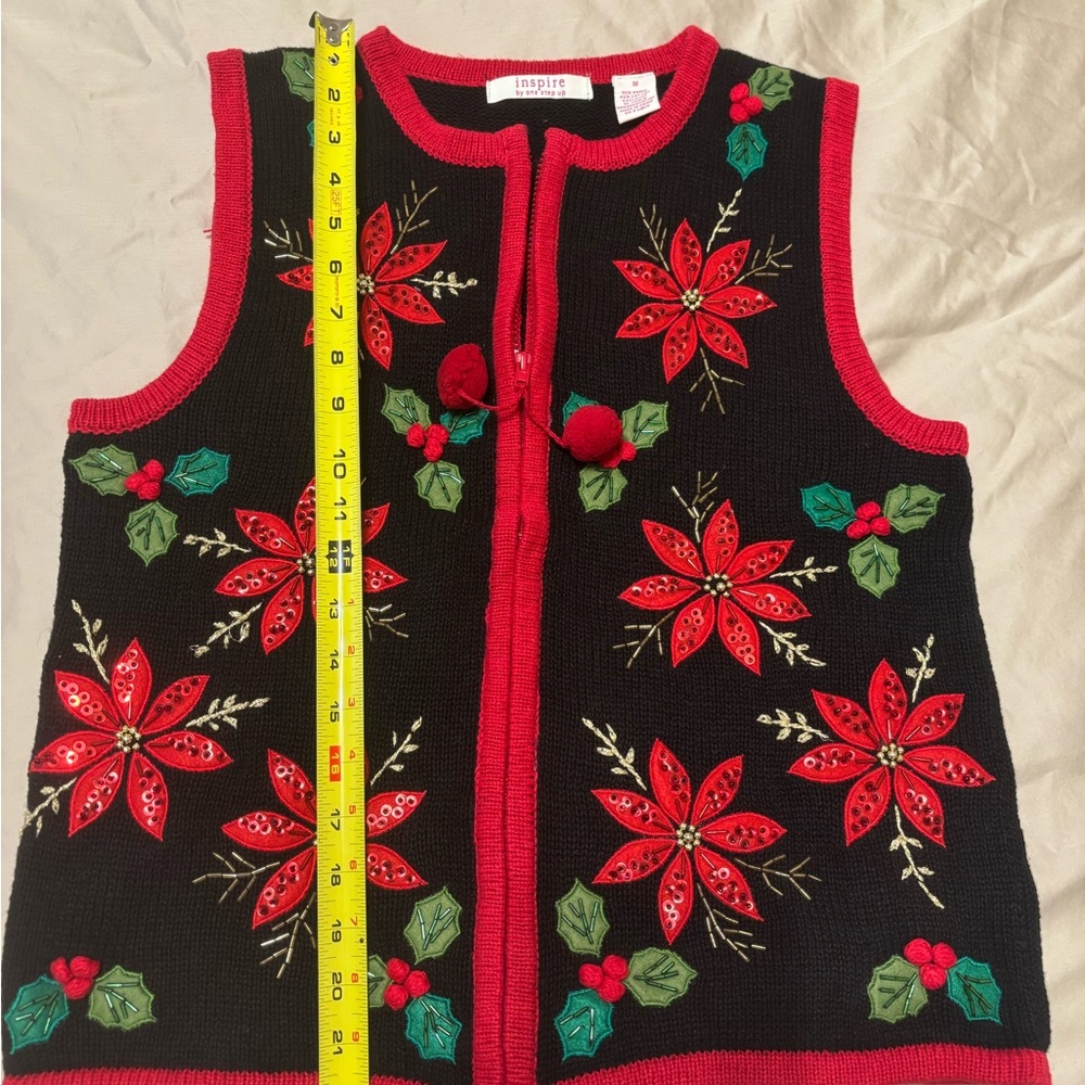 Inspire By One Step Up Vest,Red and Black Holly Floral Knit Vest-Ugly Christmas